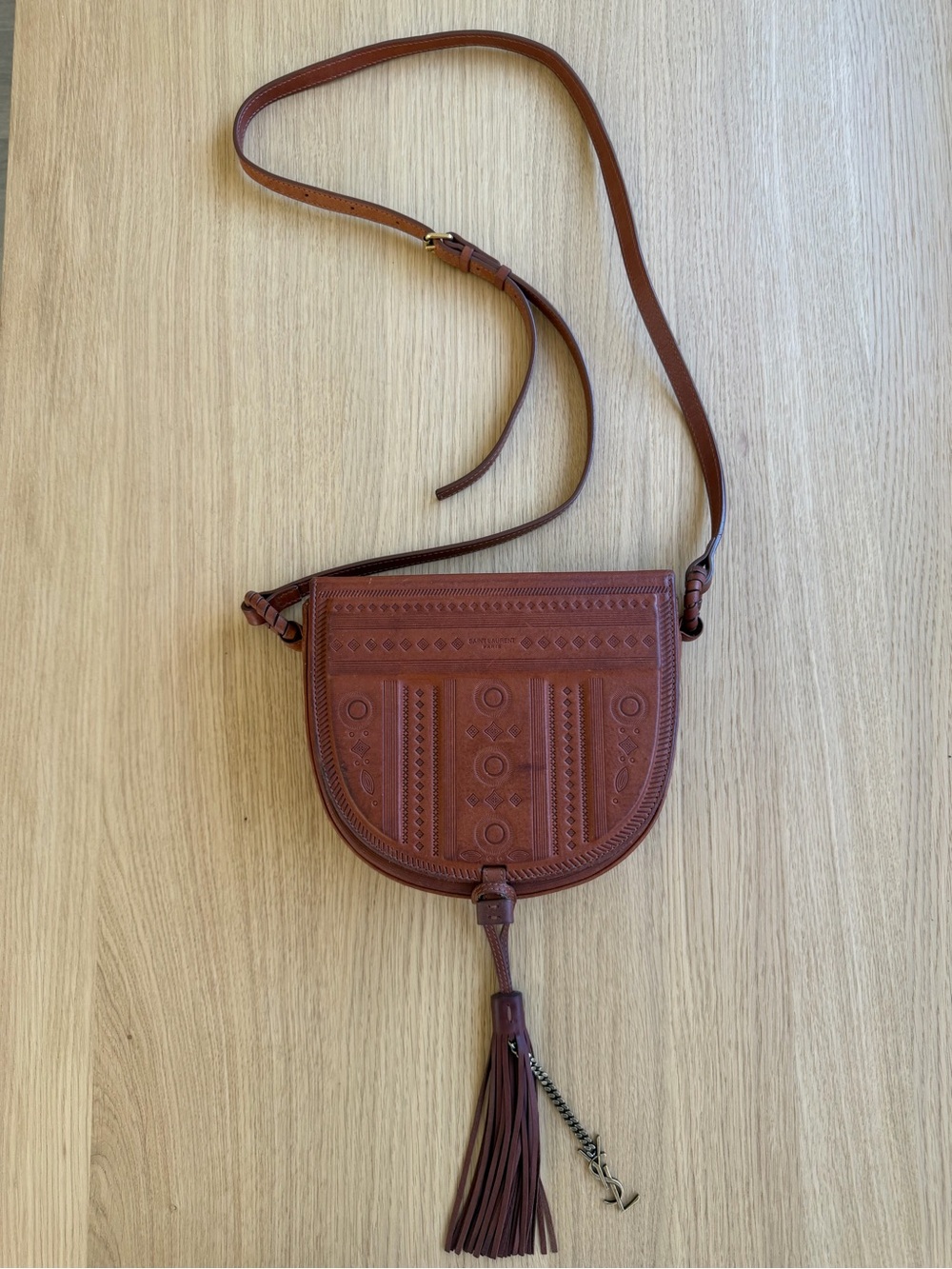 Saint Laurent Saharienne Embossed Leather Crossbody Bag New Cognac
